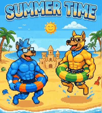 Two Muscular Dogs on Beach Summer Time Pixel Art