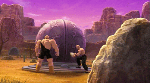 Two Muscular Men Standing In Front Of Dome In Video Game GIF