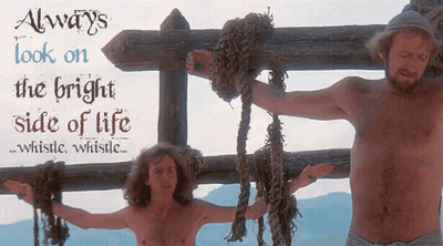 Two Naked Men Are Tied To A Fence With A Quote That Says Always Look On The Bright Side Of Life GIF
