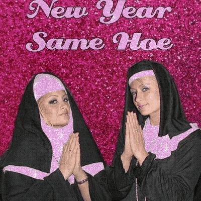 Two Nuns Praying In Front Of A Pink Background That Says New Year Same Hoe . GIF