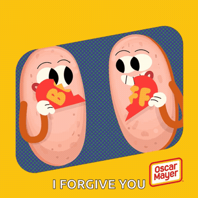 Two Oscar Mayer Sausages Holding Broken Heart Saying I Forgive You GIF