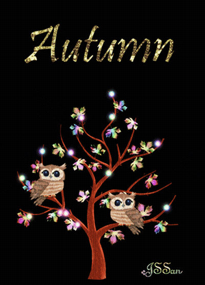 Two Owls In Tree Saying Autumn In Gold GIF