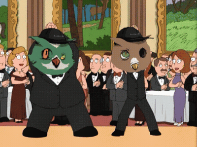 Two Owls In Tuxedos And Hats GIF