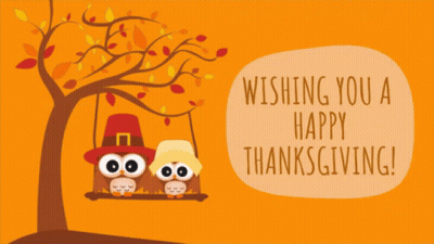 Two Owls On Swing Wishing Happy Thanksgiving GIF