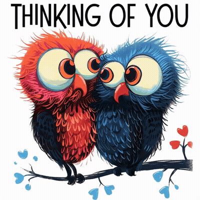 Two Owls Sitting On A Branch With The Words Thinking Of You Below Them GIF