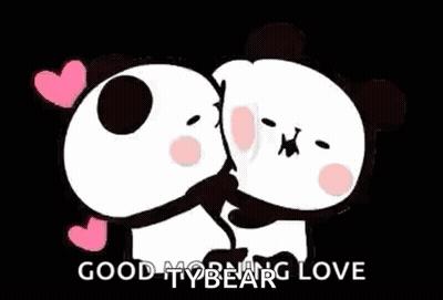 Two Panda Bears Hugging Each Other With Hearts On Their Heads And The Words `` Good Morning Love '' . GIF
