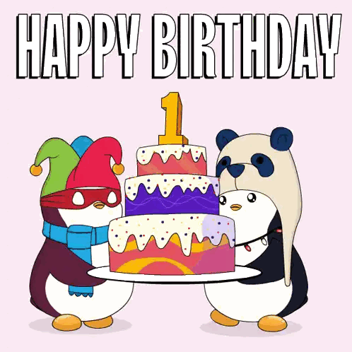 Two Penguins And A Panda Holding A Birthday Cake With The Number One On It Sticker