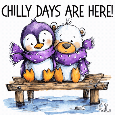 Two Penguins And Polar Bear Sitting On Dock Chilly Days Are Here GIF