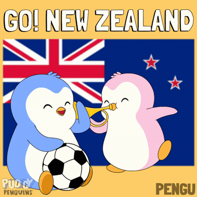 Two Penguins Are Blowing Horns In Front Of A Flag With The Words Go New Zealand GIF