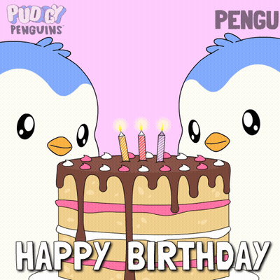 Two Penguins Are Celebrating A Birthday With A Cake With Candles On It GIF