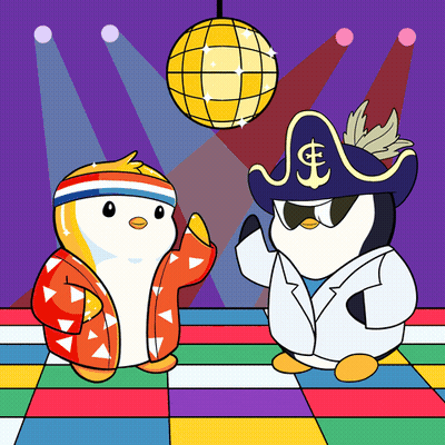 Two Penguins Are Dancing In Front Of A Disco Ball And One Has An Anchor On His Hat GIF