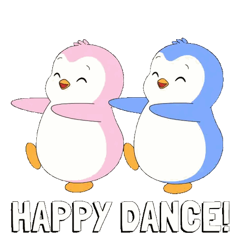 Two Penguins Are Dancing Together With The Words Happy Dance Behind Them Sticker