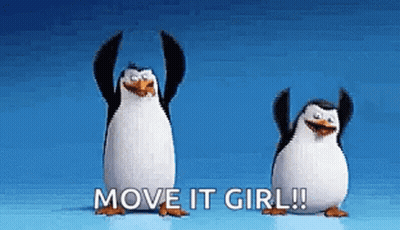 Two Penguins Are Dancing With Their Arms In The Air And The Words Move It Girl Below Them . GIF