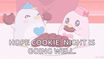 Two Penguins Are Eating Cookies From A Plate And The Words Hope Cookie Night Is Going Well GIF