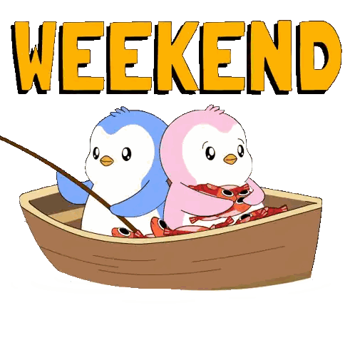 Two Penguins Are Fishing In A Boat With The Word Weekend Above Them Sticker