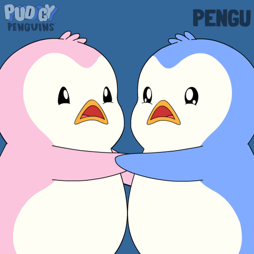 Two Penguins Are Hugging Each Other In A Puddy Penguins Advertisement GIF