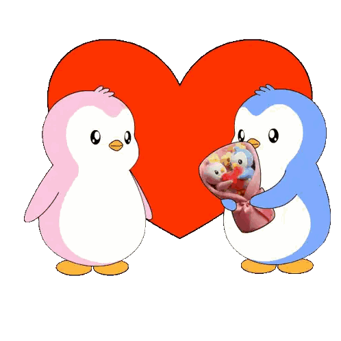 Two Penguins Are Hugging In Front Of A Heart Sticker