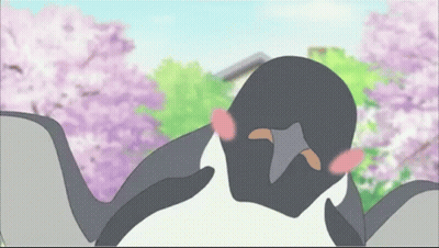 Two Penguins Are Kissing In Front Of A Cherry Blossom Tree GIF