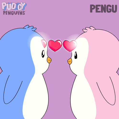 Two Penguins Are Kissing With Hearts In Their Eyes And The Name Pengu Is On The Bottom GIF