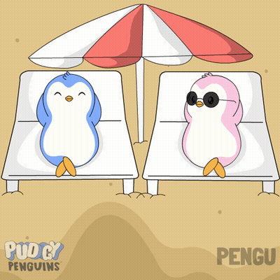 Two Penguins Are Laying On A Beach Under An Umbrella And The Word Pengu Is On The Bottom Right GIF