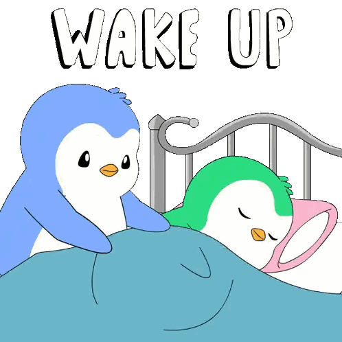 Two Penguins Are Laying On A Bed With The Words Wake Up Written Above Them Sticker