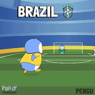 Two Penguins Are Playing Soccer And The Word Brazil Is On The Top GIF