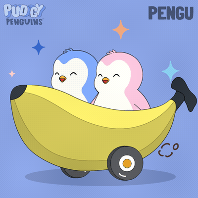 Two Penguins Are Riding In A Banana With The Word Pengu On The Bottom Right GIF