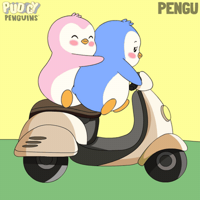 Two Penguins Are Riding On A Scooter With The Word Pengu On The Bottom GIF