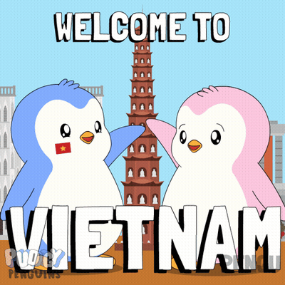 Two Penguins Are Saluting In Front Of A Tower With The Words Welcome To Vietnam Below Them GIF