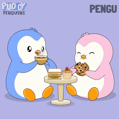 Two Penguins Are Sitting At A Table Drinking Coffee And Eating Cookies And Cupcakes GIF