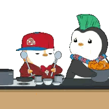 Two Penguins Are Sitting At A Table With Spoons In Their Mouths Sticker