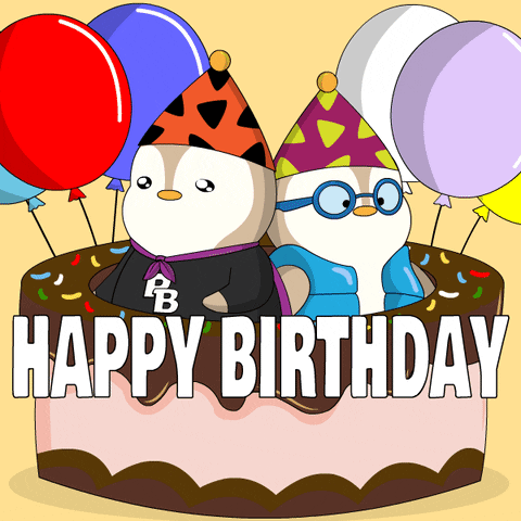 Two Penguins Are Sitting On A Birthday Cake With The Words Happy Birthday GIF