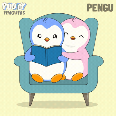 Two Penguins Are Sitting On A Couch Reading A Book With The Word Pengu On The Bottom GIF