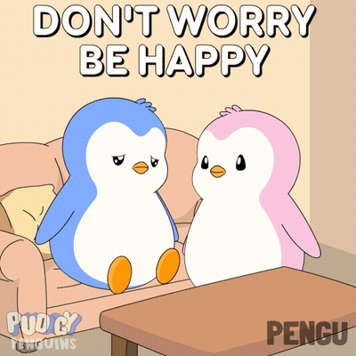 Two Penguins Are Sitting On A Couch With The Words " Do N't Worry Be Happy " GIF
