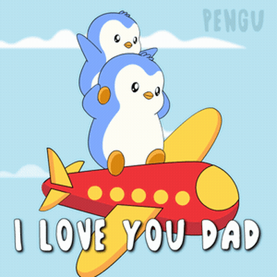 Two Penguins Are Sitting On Top Of A Red Airplane With The Words I Love You Dad Below Them GIF