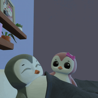 Two Penguins Are Sleeping In A Bed With The Words Good Night Written Above Them GIF