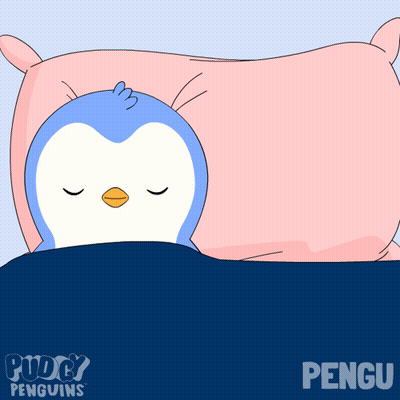 Two Penguins Are Sleeping In A Bed With The Words Puddy Penguins Written On The Bottom GIF