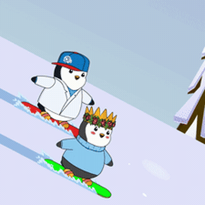 Two Penguins Are Snowboarding Down A Snow Covered Slope GIF