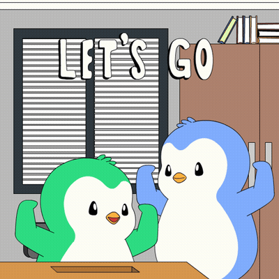 Two Penguins Are Standing In Front Of A Window That Says " Let 'S Go " GIF