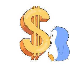 Two Penguins Are Standing Next To A Large Dollar Sign Sticker