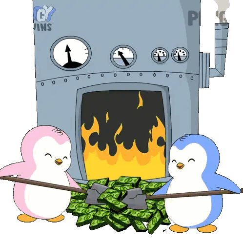 Two Penguins Are Standing Next To A Pile Of Money In Front Of A Machine That Says ' G ' On It Sticker