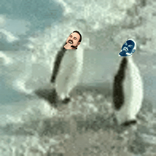Two Penguins Are Standing Next To Each Other And One Has A Blue Face On It GIF