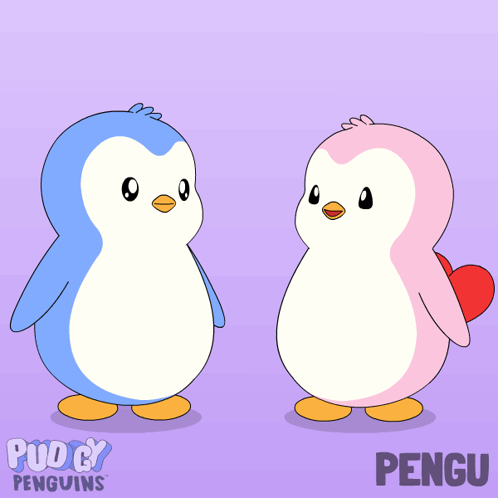 Two Penguins Are Standing Next To Each Other And One Of Them Is Holding A Red Heart And The Word Pengu Is On The Bottom GIF