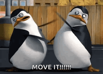 Two Penguins Are Standing Next To Each Other And The Words Move It Are On The Screen GIF