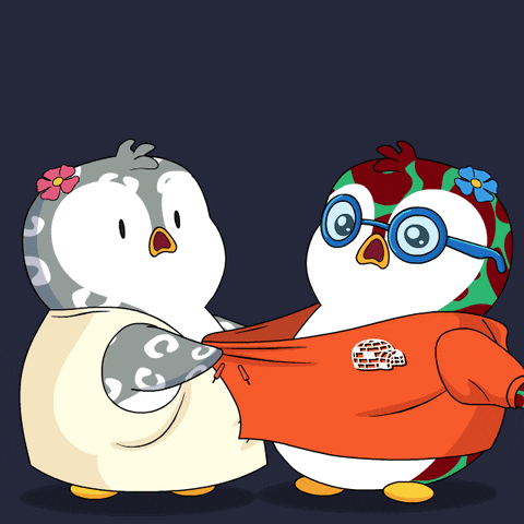 Two Penguins Are Standing Next To Each Other With One Wearing A Hoodie That Says ' Iceland ' On It GIF