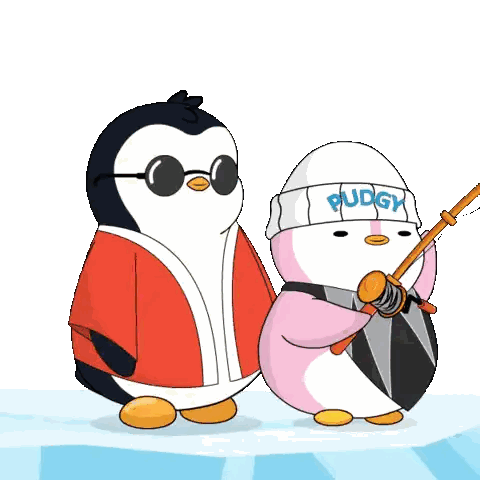 Two Penguins Are Standing Next To Each Other With One Wearing A Pudge Hat Sticker