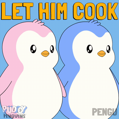 Two Penguins Are Standing Next To Each Other With The Words Let Him Cook Behind Them GIF