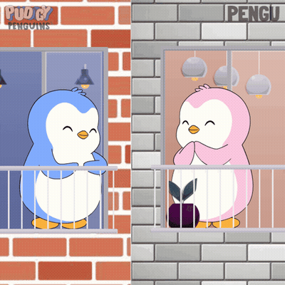 Two Penguins Are Standing On A Balcony With A Brick Wall In The Background GIF