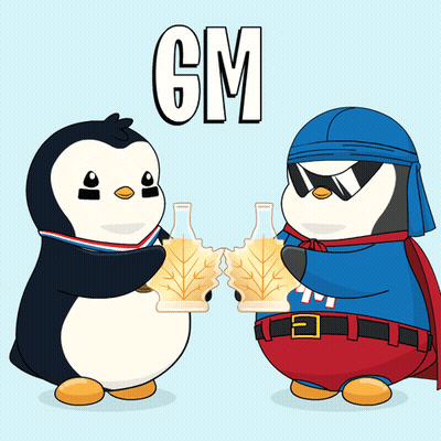 Two Penguins Are Toasting With Maple Leaves And The Word Gm Is Above Them GIF