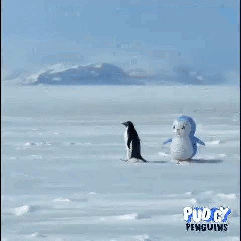 Two Penguins Are Walking In The Snow With Pucky Penguins In The Background GIF